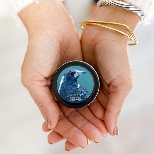 Australian artist soy candle mini tin | Patchouli Cedarwood | Magpie | 15+hrs