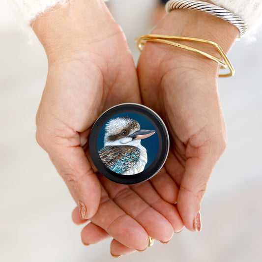 Australian artist soy candle mini tin | Australian Sandalwood | Kookaburra |15+hrs