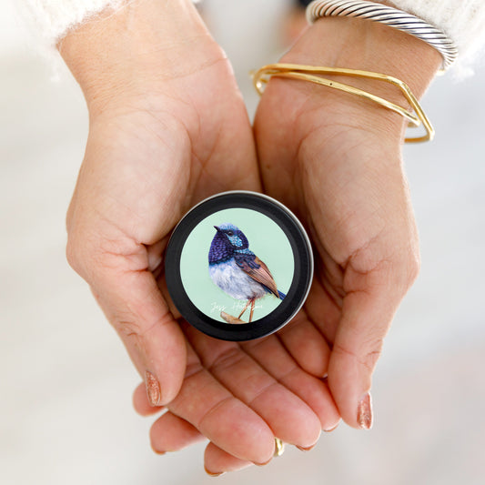 Australian artist soy candle mini tin | Lemon Myrtle | fairy-wren | 15+hrs