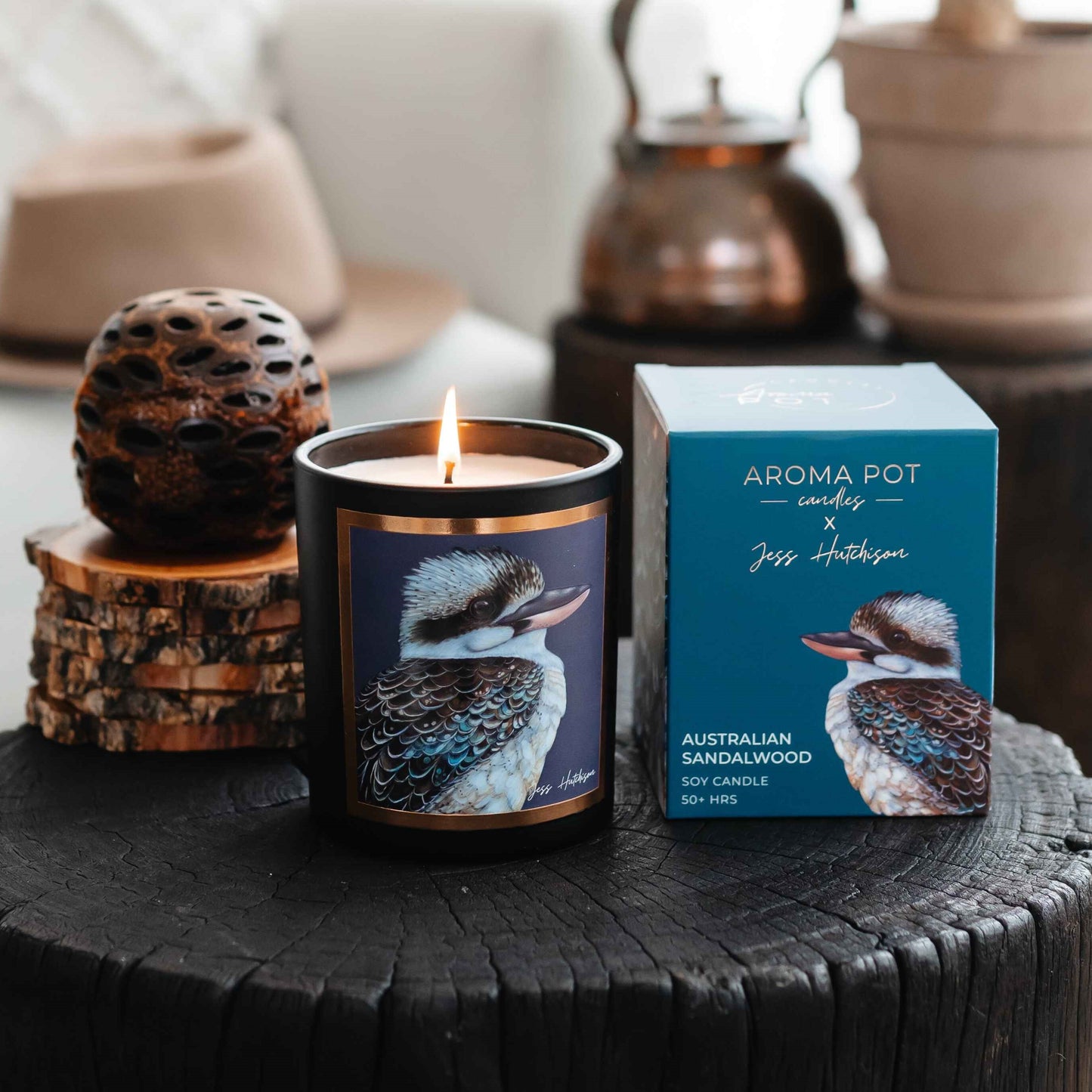 Australian artist soy candle | Australian Sandalwood | Kookaburra | 50+hrs
