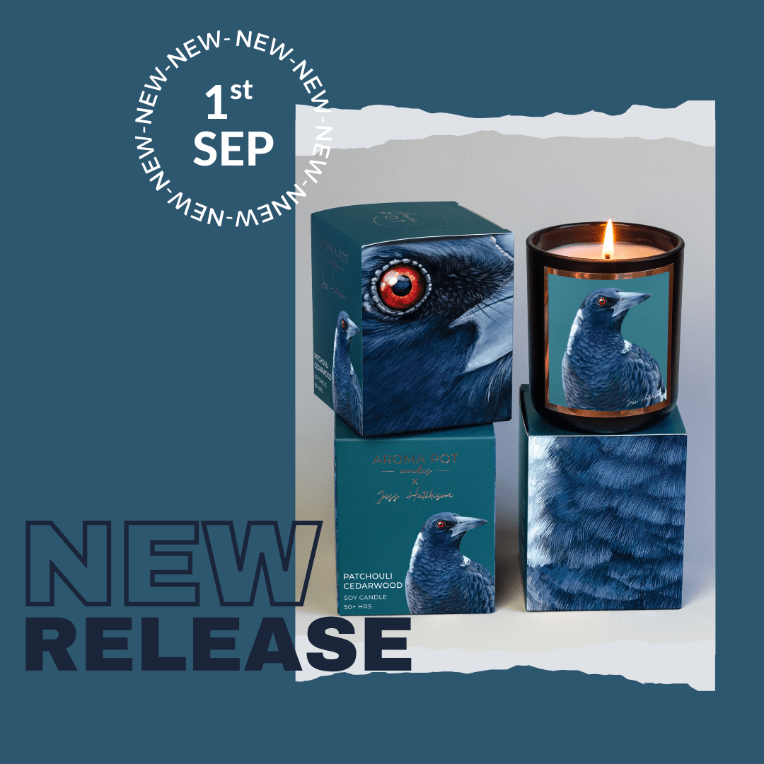 Australian artist soy candle | Patchouli Cedarwood | Magpie | 50+hrs