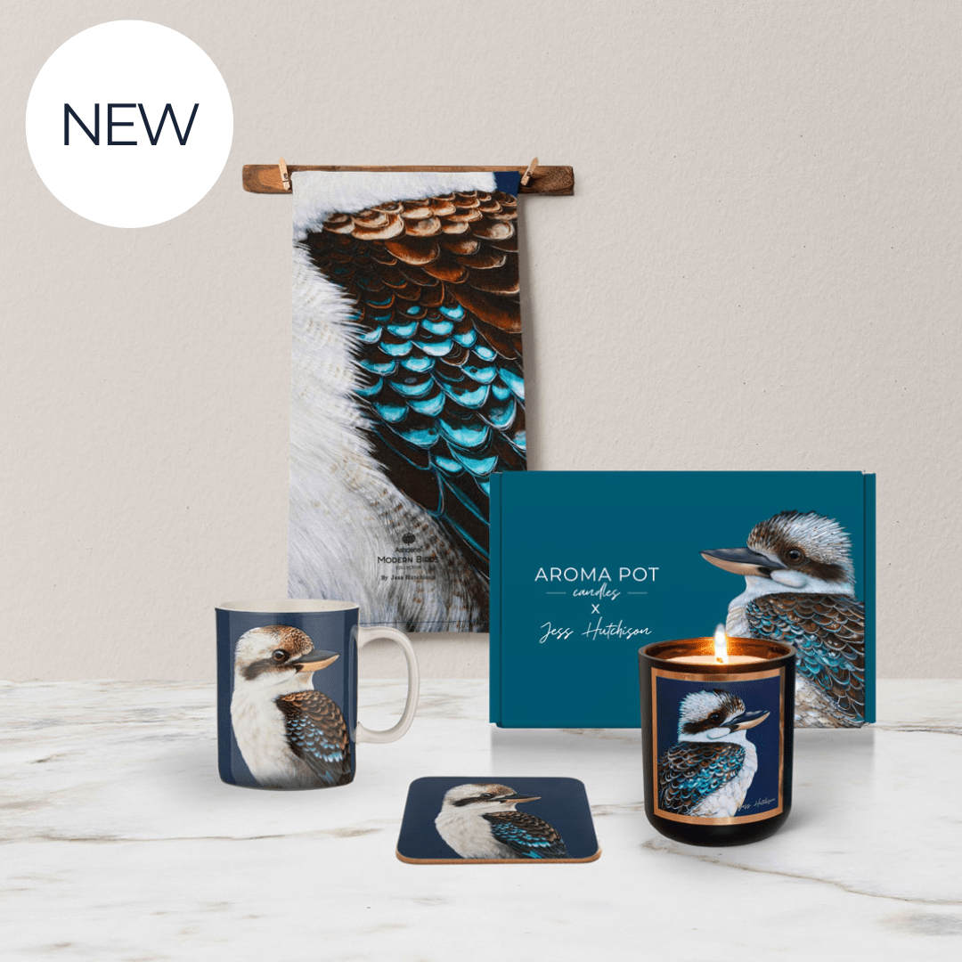 $79 KOOKABURRA GIFT PACK | Australian Sandalwood candle, Kookaburra cup, tea towel + coaster