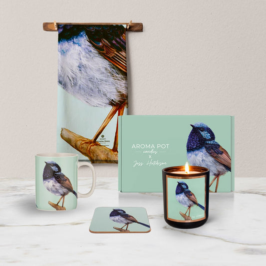 FAIRY WREN GIFT PACK | Lemon Myrtle candle, Fairy Wren cup, tea towel + coaster