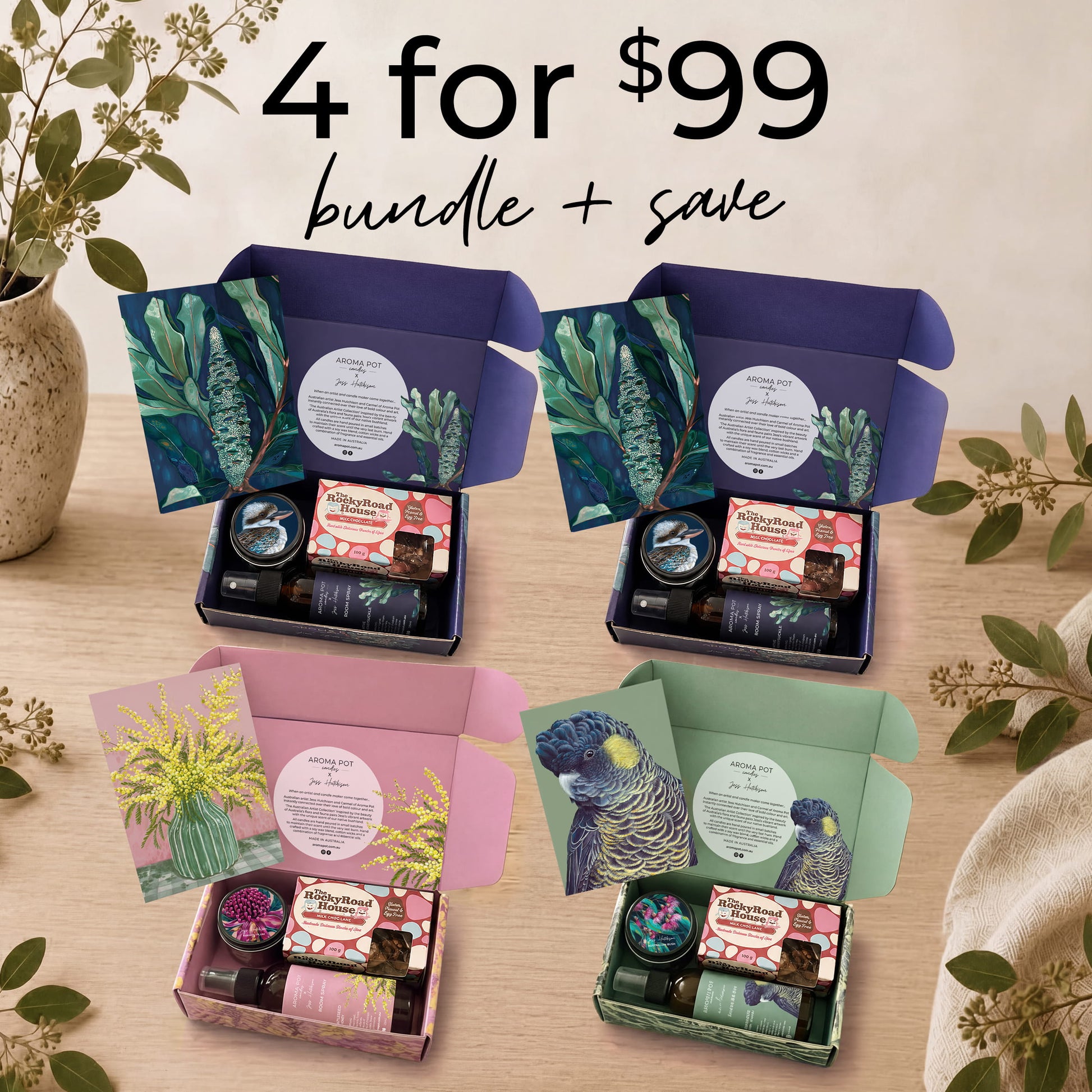 BUNDLE + SAVE - 4 x Australian artist candle + room spray gift packs for $99 - over $120 value