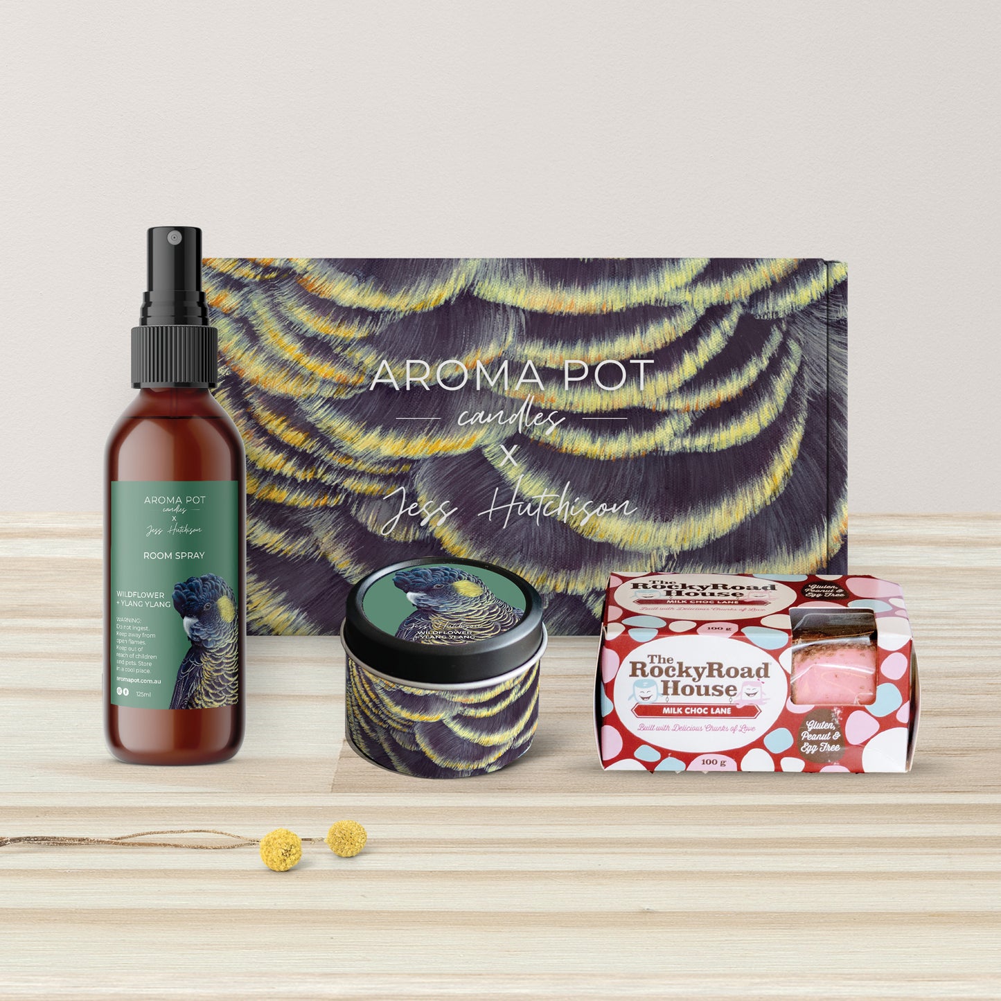 Australian COCKATOO candle gift pack | 15hr candle tin, 125ml room spray + rocky road