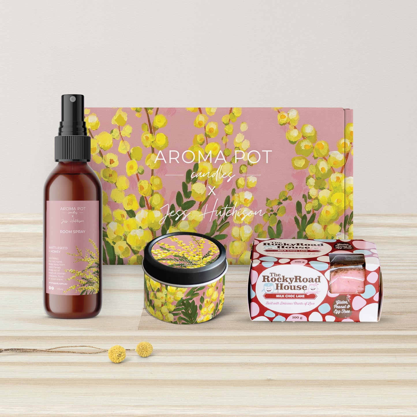 Australian WATTLE candle gift pack | 15hr candle tin, 125ml room spray + rocky road