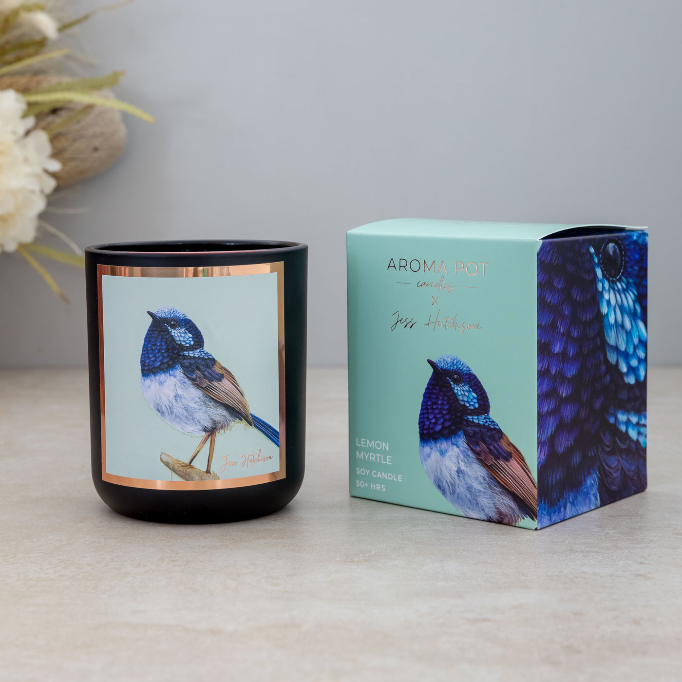emon Myrtle scented soy candle collab with Australian artist Jess Hutchison gift box hand poured Barossa Adelaide South Australia available for stockists wholesale